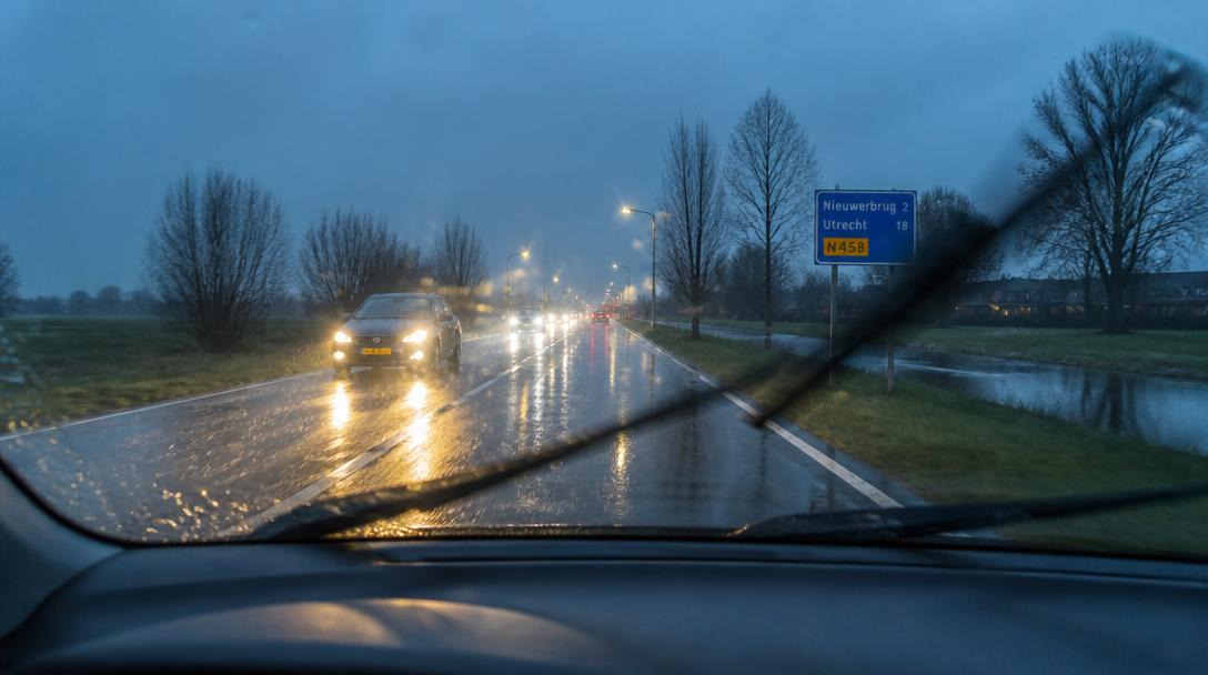 Harde regen en schemer met natte weg en tegenliggers