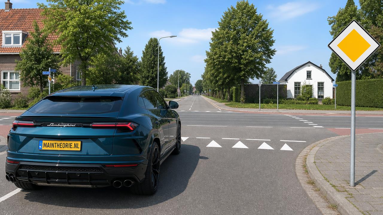 Zicht vanaf de bestuurder op een kruispunt met voorrangsbord en fietser, in de groene Lamborghini Urus van MAINTHEORIE.NL