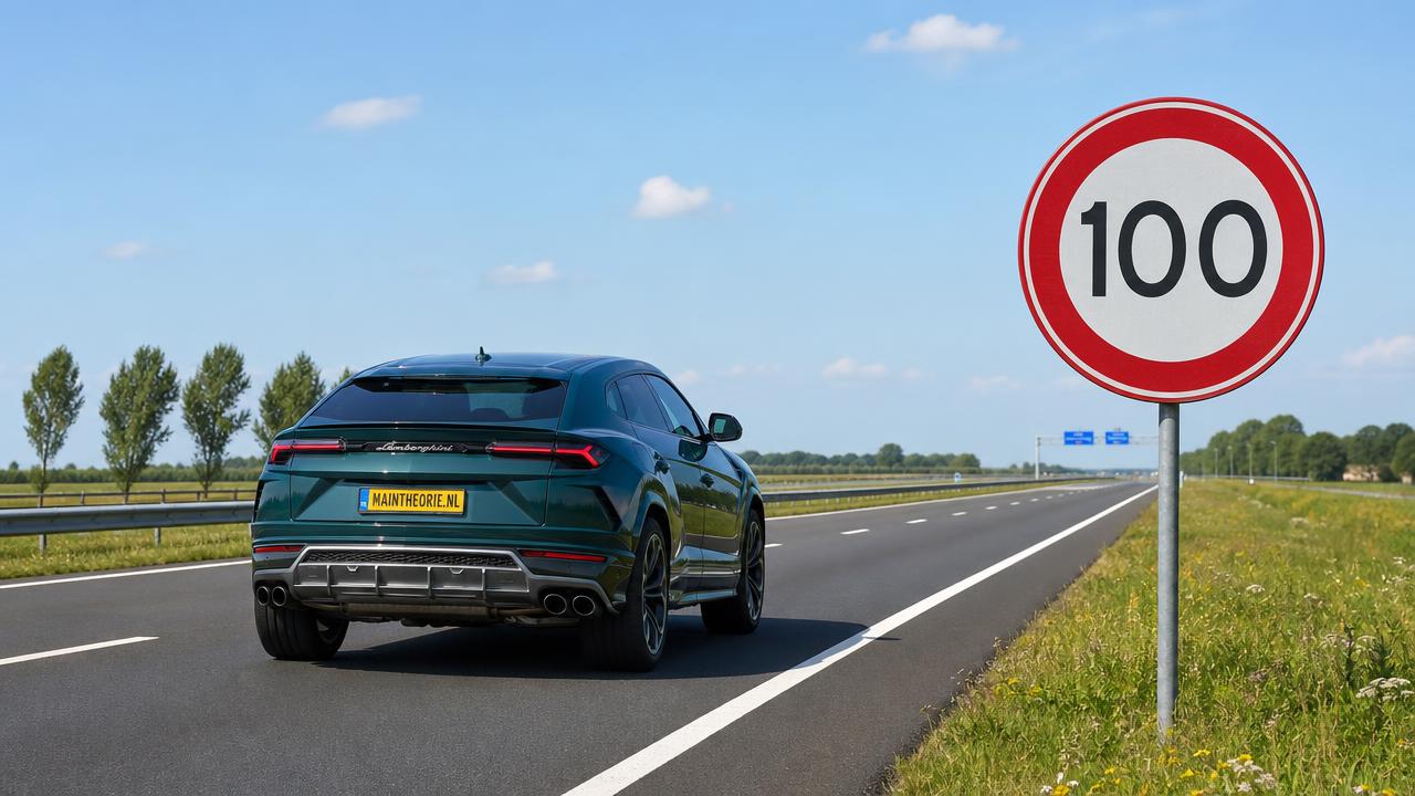 Urus op de snelweg naast een goed leesbaar bord met 100 km/u