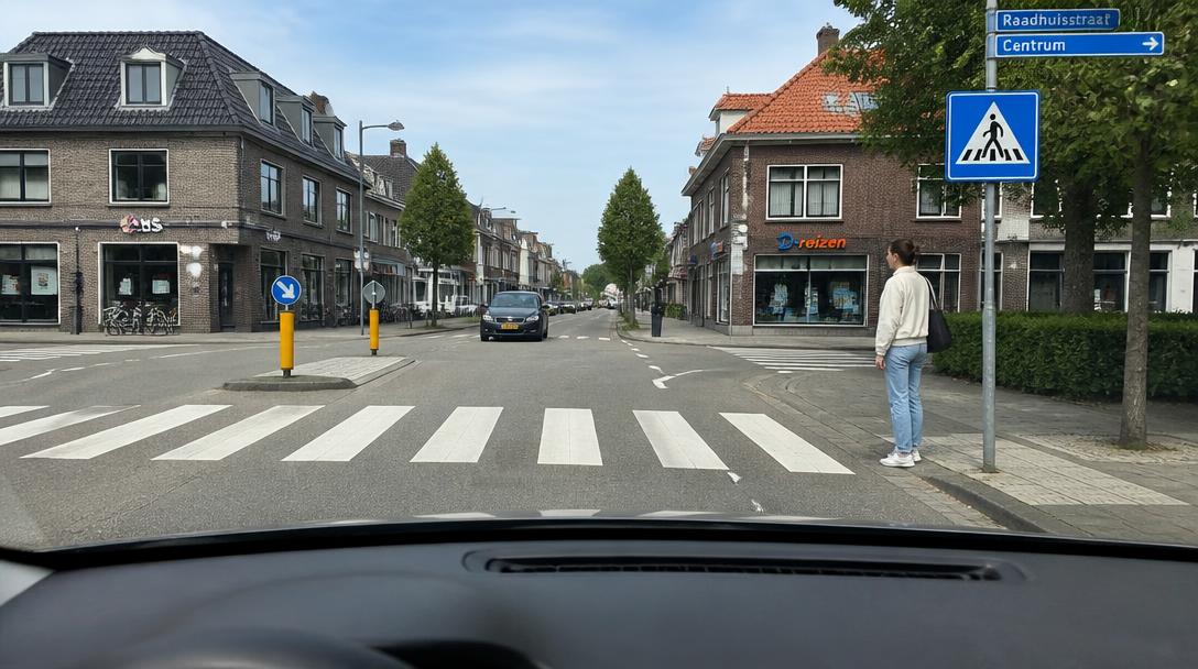 Voetganger bij zebrapad terwijl rechts een auto wil invoegen